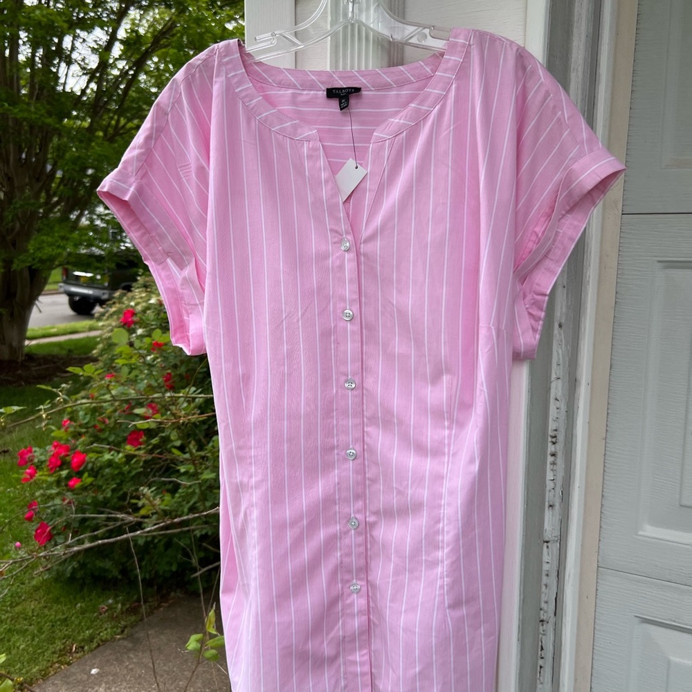 NWT Talbots Pretty Pink White Stripe Short Sleeve Blouse